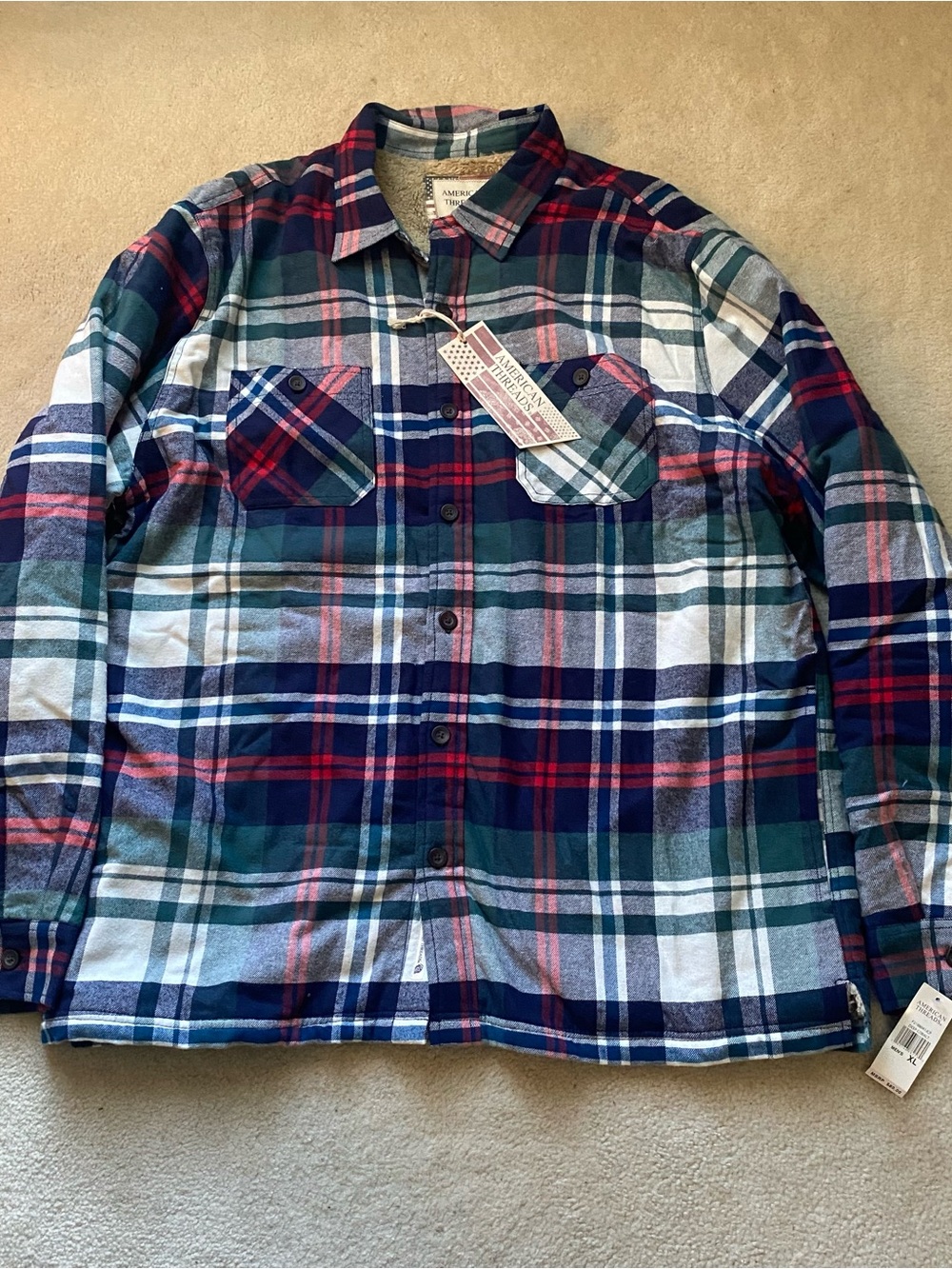 American Threads Men's Plaid Sherpa Lined Button Front Shacket Mid-Length XL